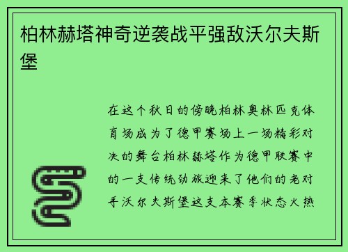 柏林赫塔神奇逆袭战平强敌沃尔夫斯堡