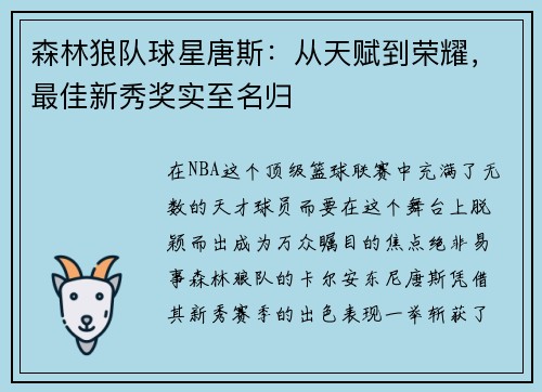 森林狼队球星唐斯：从天赋到荣耀，最佳新秀奖实至名归