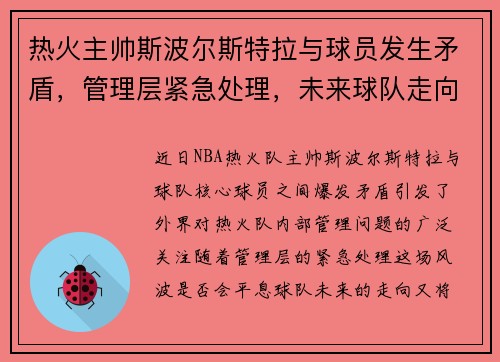 热火主帅斯波尔斯特拉与球员发生矛盾，管理层紧急处理，未来球队走向成谜