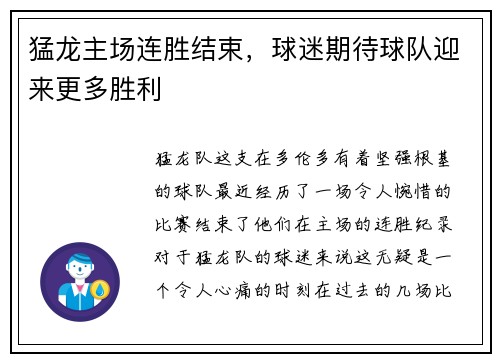 猛龙主场连胜结束，球迷期待球队迎来更多胜利