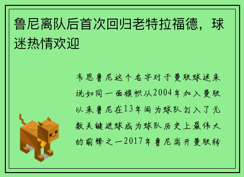 鲁尼离队后首次回归老特拉福德，球迷热情欢迎